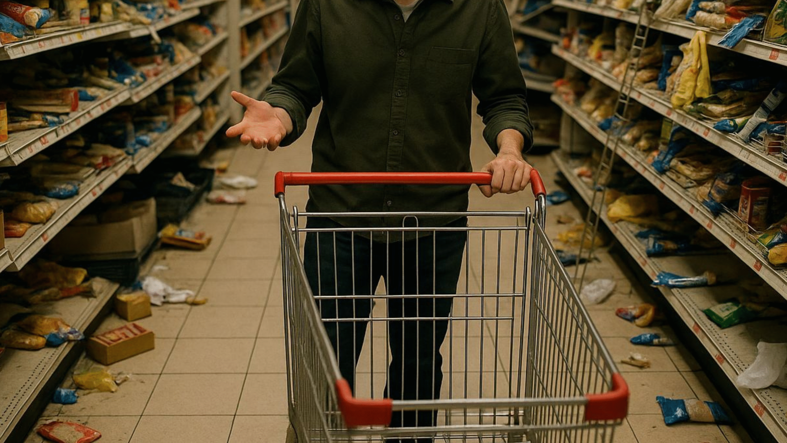 Homem com expressão de frustração empurra um carrinho vazio em um supermercado desorganizado, com prateleiras quase vazias e produtos espalhados no chão. O cenário transmite escassez, confusão e a sensação de que, diante da falta de opções, resta apenas o improviso.