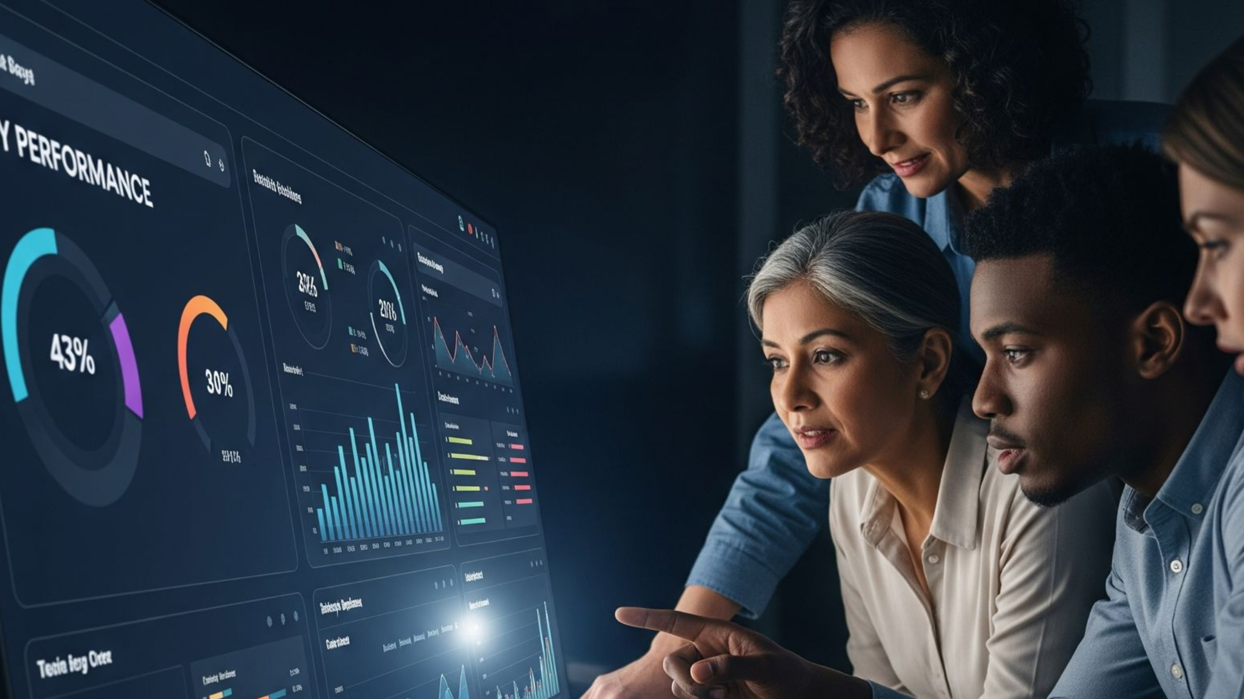 Inteligência em análise de dados: equipe diversa observa atentamente um painel digital com gráficos e indicadores de desempenho, demonstrando colaboração estratégica e uso de tecnologia para tomada de decisões.